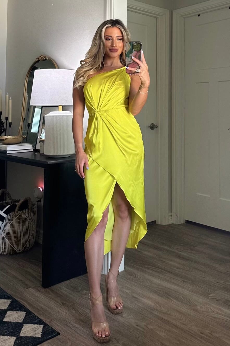 Bella and Bloom Boutique - Charming Dedications Satin One Shoulder Midi Dress: Neon Yellow Bella and Bloom Boutique - Charming Dedications Satin One Shoulder Midi Dress: Neon Yellow