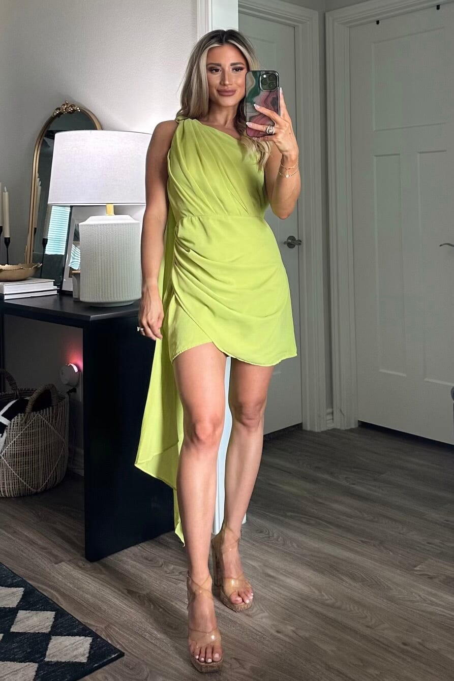 Bella and Bloom Boutique - Pretty Little Devil Drape One Shoulder Dress: Lime Bella and Bloom Boutique - Pretty Little Devil Drape One Shoulder Dress: Lime