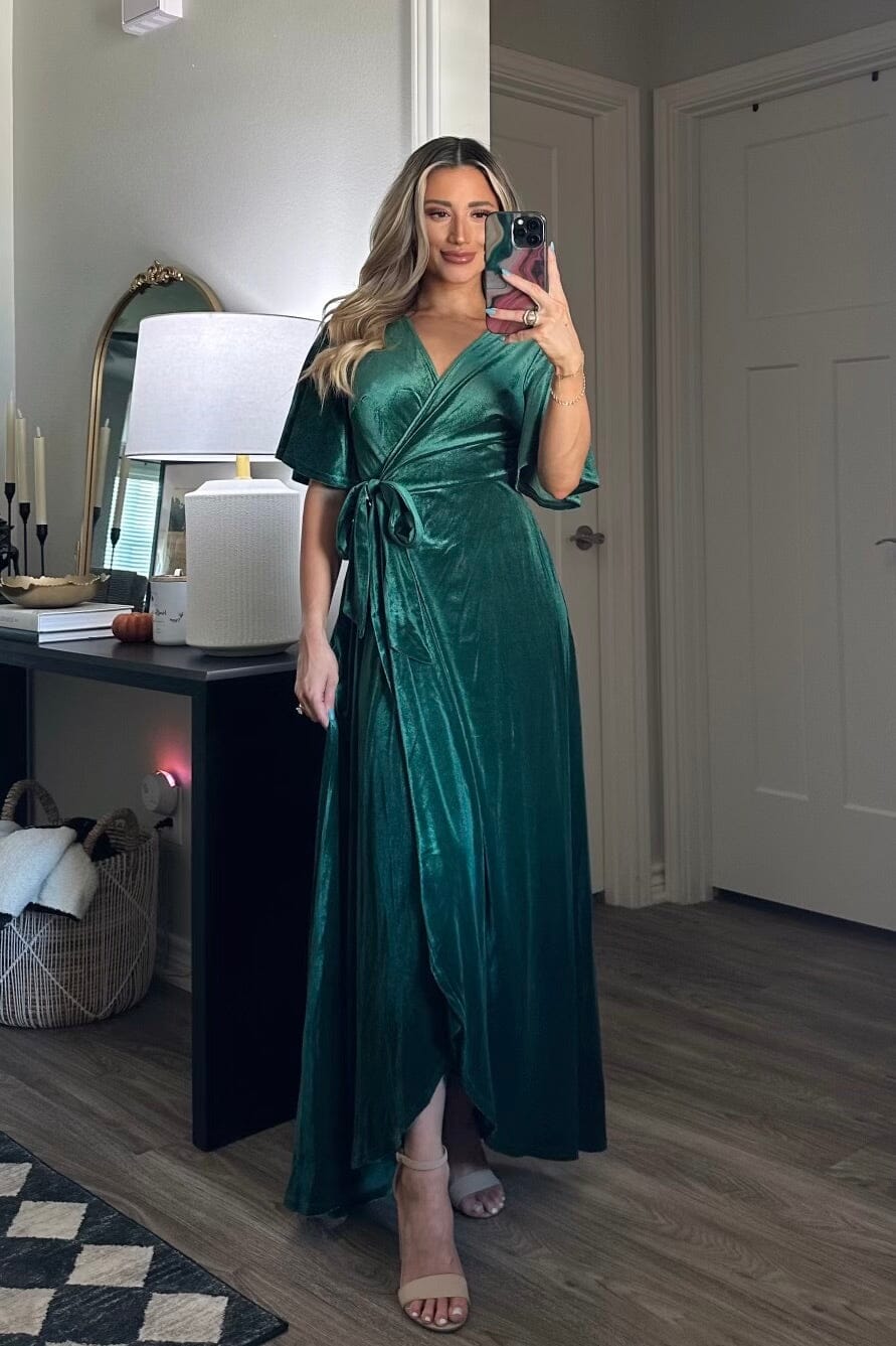 Bella and Bloom Boutique - Winter Wonders Velvet Wrap Maxi Dress: Emerald Small / Emerald