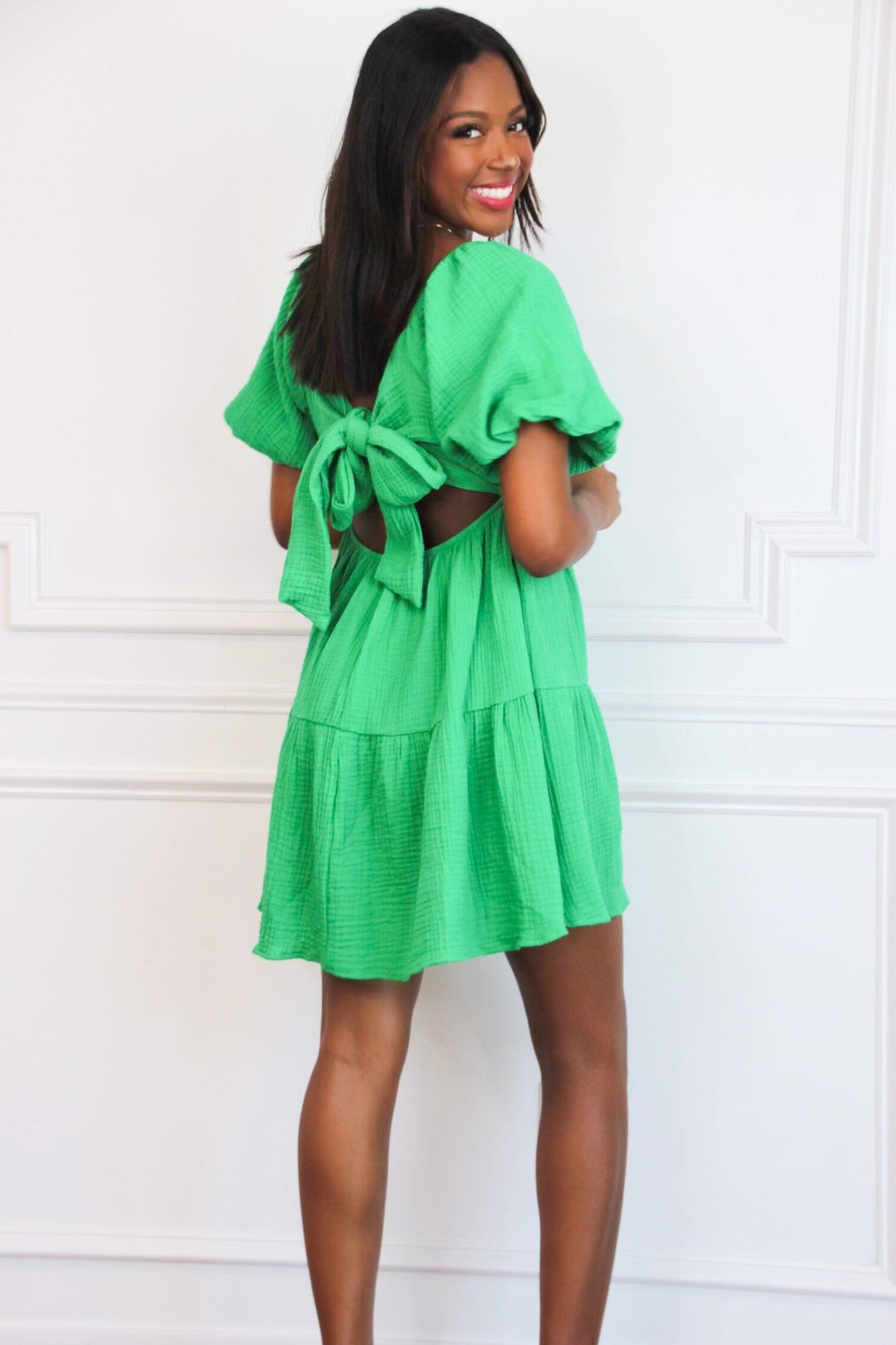 Easy Come, Easy Go Bow Back Babydoll Dress: Kelly Green - Bella and Bloom Boutique