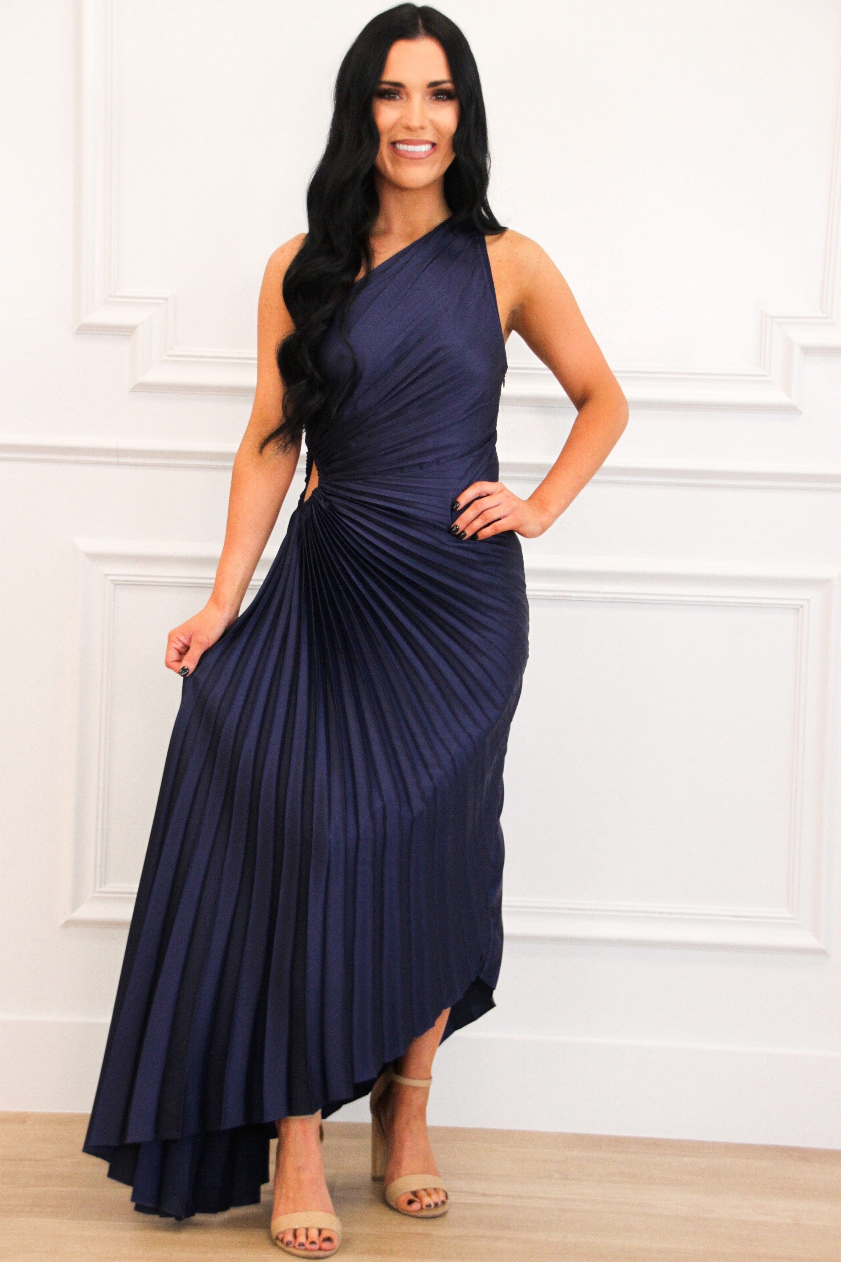 Bella and Bloom Boutique - Novelle One Shoulder Pleated Asymmetrical Maxi Dress: Midnight Navy Small / Navy Bella and Bloom Boutique - Novelle One Shoulder Pleated Asymmetrical Maxi Dress: Midnight Navy Small / Navy
