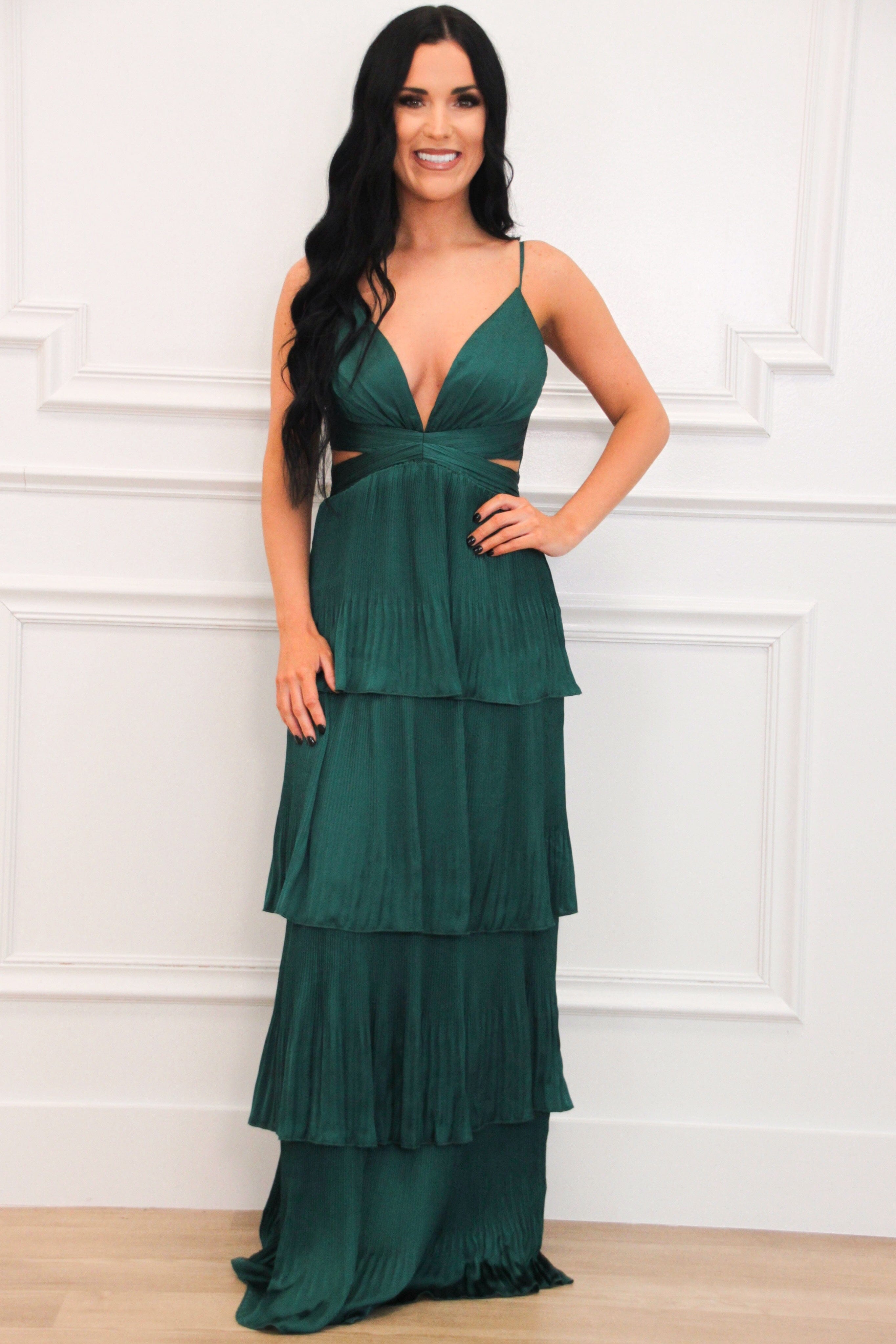 Lavish Love Satin Ruffle Maxi Dress: Hunter Green Medium / Hunter Green Lavish Love Satin Ruffle Maxi Dress: Hunter Green Medium / Hunter Green