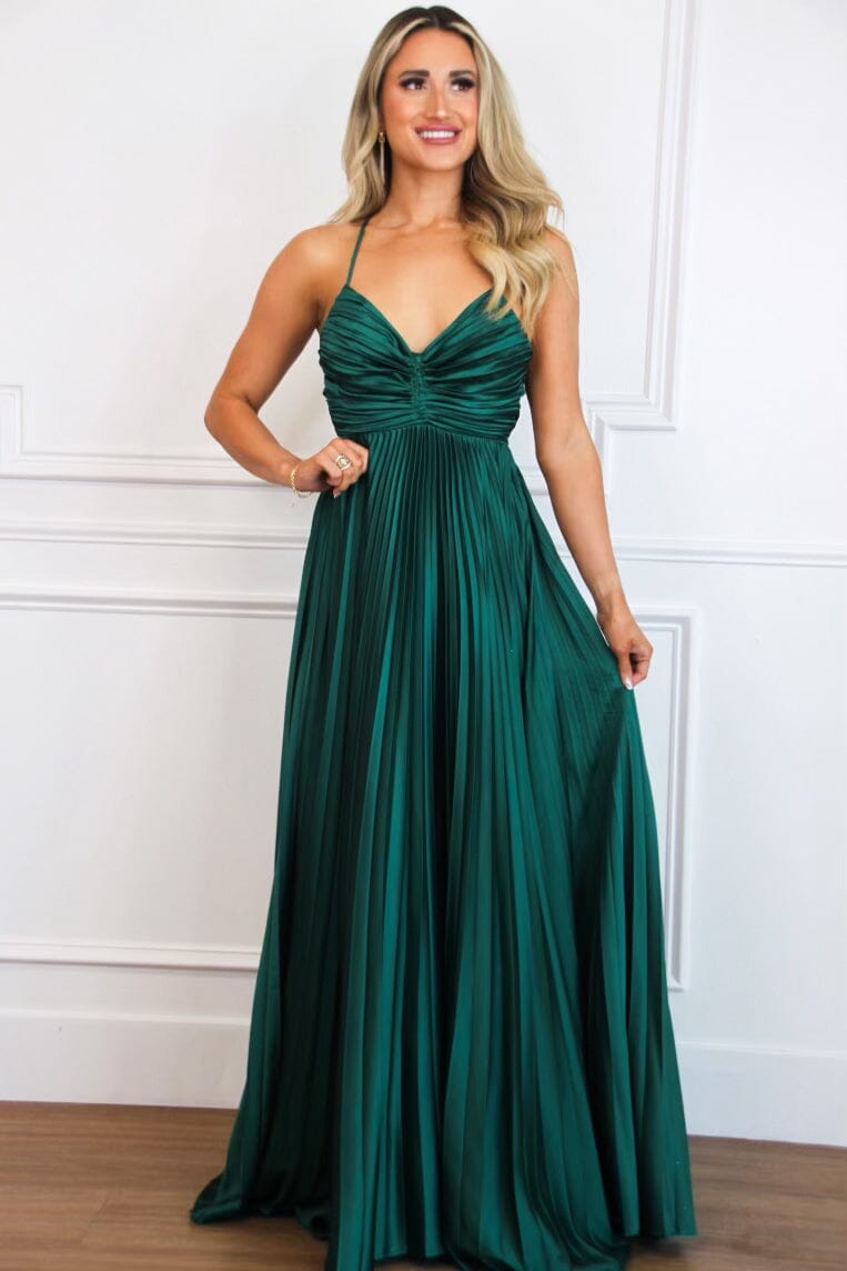 green emerald velvet dress Pretty in Pleats Maxi Dress: Hunter Green Large / Hunter Green