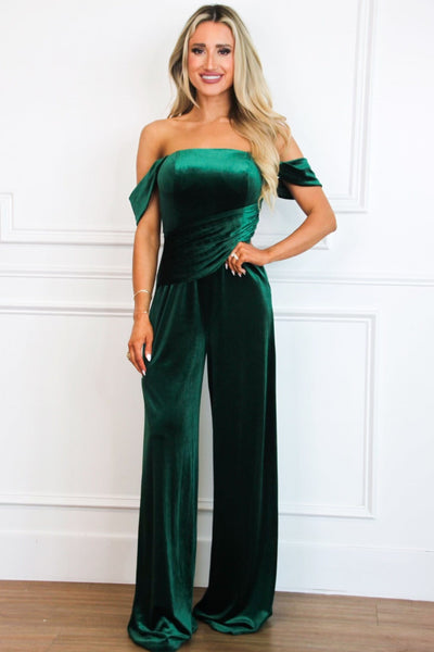 Tara Off Shoulder Velvet Jumpsuit: Emerald - Bella and Bloom Boutique
