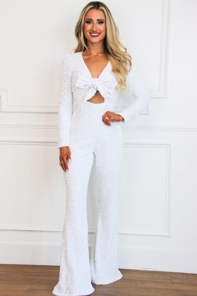 Meet Me There Sequin Tie Jumpsuit: Winter White - Bella and Bloom Boutique