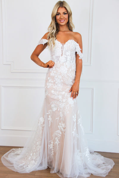 Abigail Off Shoulder Lace Wedding Dress: White/Nude - Bella and Bloom Boutique