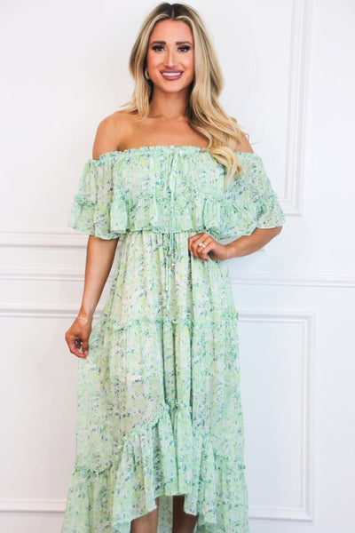 Maisie Off Shoulder Floral Midi Dress: Green Multi - Bella and Bloom Boutique