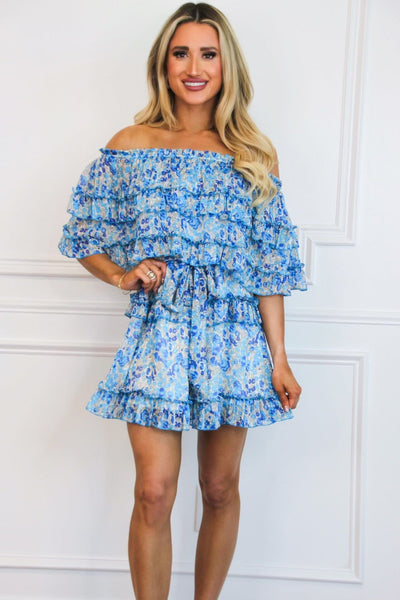Springtime Sweetness Off Shoulder Floral Dress: Blue Multi - Bella and Bloom Boutique