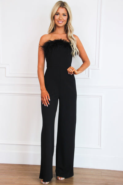 Flirty Feeling Feather Jumpsuit: Black - Bella and Bloom Boutique