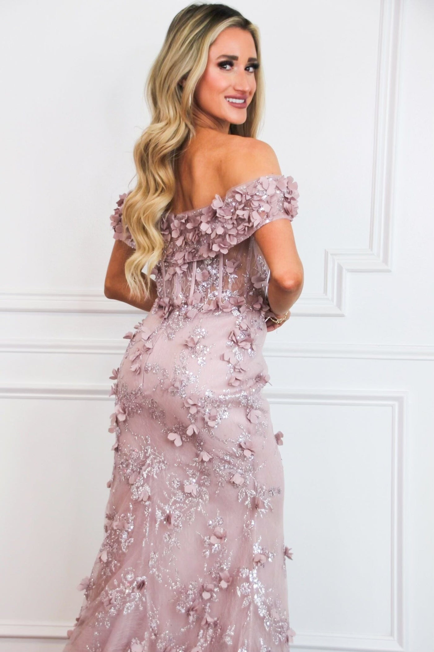 Liliana Floral Applique Formal Dress: Mauve - Bella and Bloom Boutique