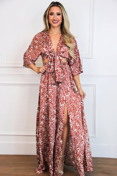 Wild About You Satin Cutout Maxi Dress: RUST/IVORY - Bella and Bloom Boutique