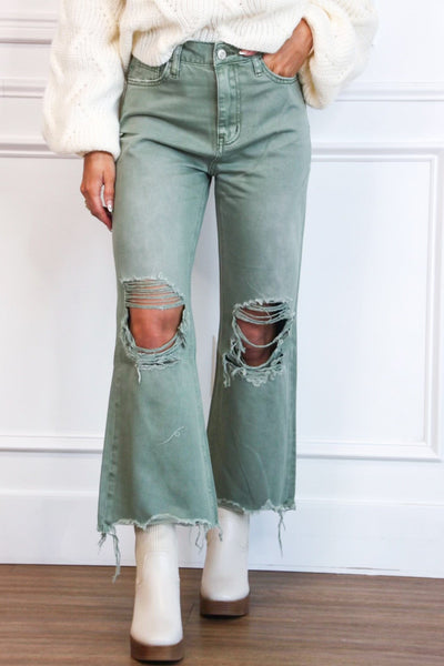 Leslie Distressed Straight High Waisted Crop Flare Denim: Olive Green - Bella and Bloom Boutique