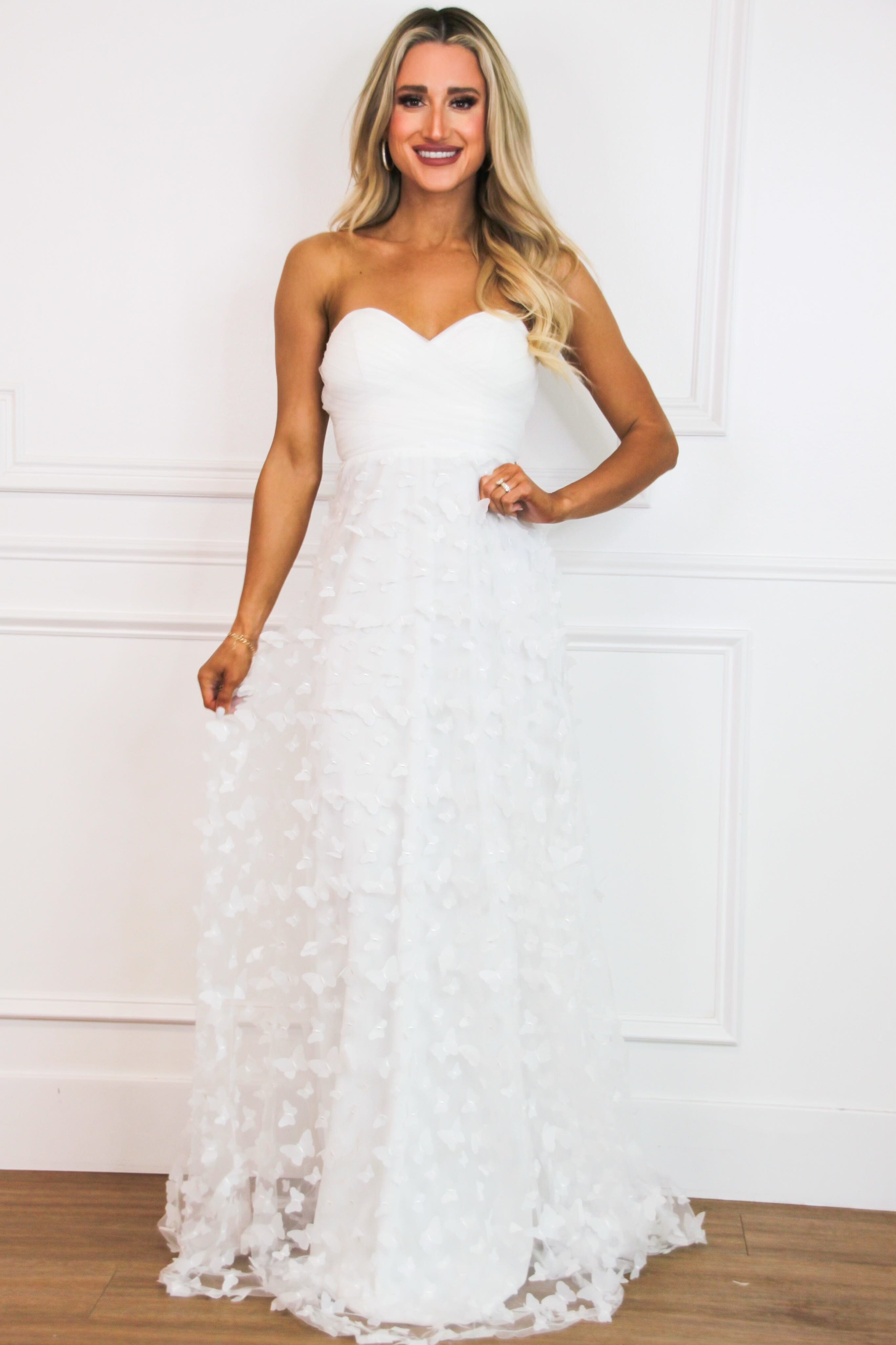 Bella and Bloom Boutique - Butterfly Kisses Strapless Applique Maxi Dress: White XS / White Bella and Bloom Boutique - Butterfly Kisses Strapless Applique Maxi Dress: White XS / White