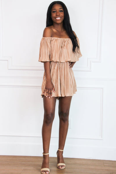 After Sun Pleated Off Shoulder Romper: Taupe - Bella and Bloom Boutique