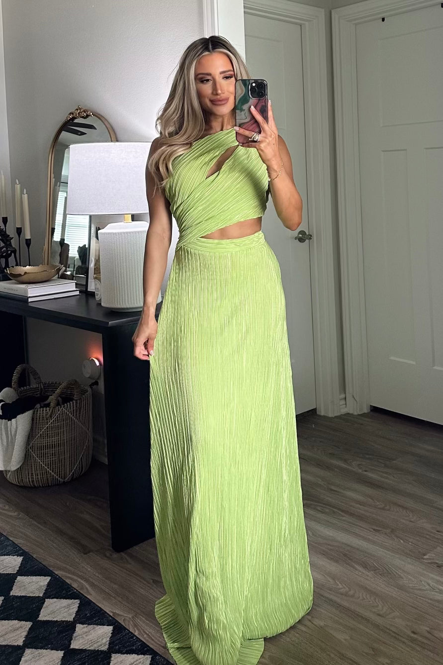 Bella and Bloom Boutique - Kristen One Shoulder Cutout Pleated Maxi Dress: Bright Lime Large / Bright Lime