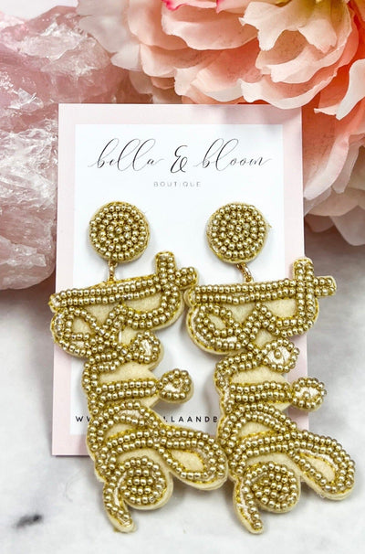 Cursive Beaded Bride Earrings: Gold - Bella and Bloom Boutique