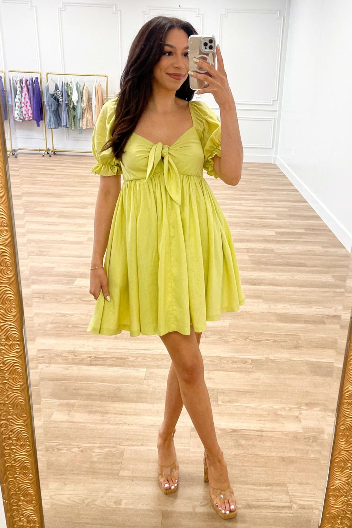 lime green babydoll dress Vero Moda Opulent Green - Puff Sleeve Dress - Cotton Mini Dress