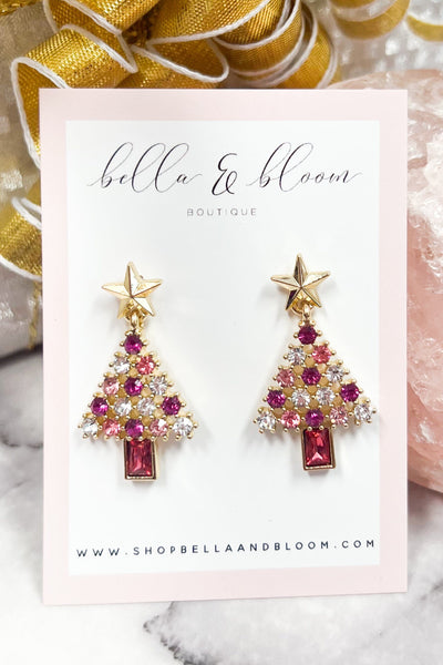Embellished Christmas Tree Holiday Earrings: Pink/Gold Multi - Bella and Bloom Boutique