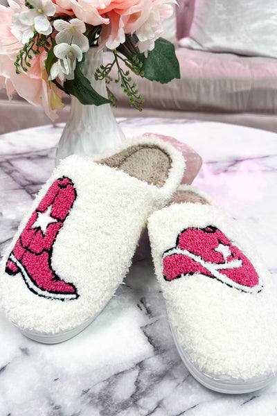 Cowgirl Cutie Fuzzy Slippers: White/Hot Pink - Bella and Bloom Boutique