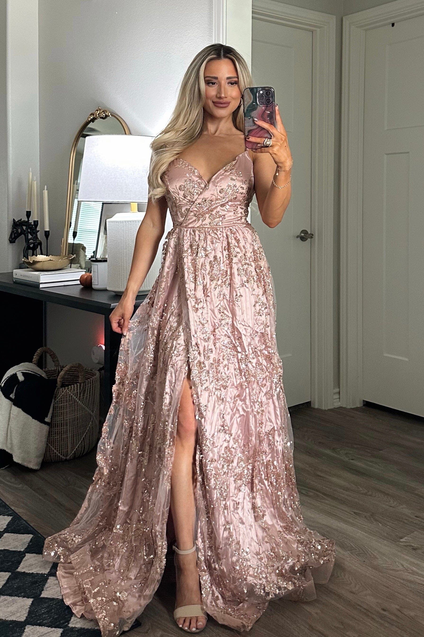 Holiday Affair Sparkly Open Back Maxi Dress: Rose Gold - Bella and Bloom Boutique Holiday Affair Sparkly Open Back Maxi Dress: Rose Gold - Bella and Bloom Boutique