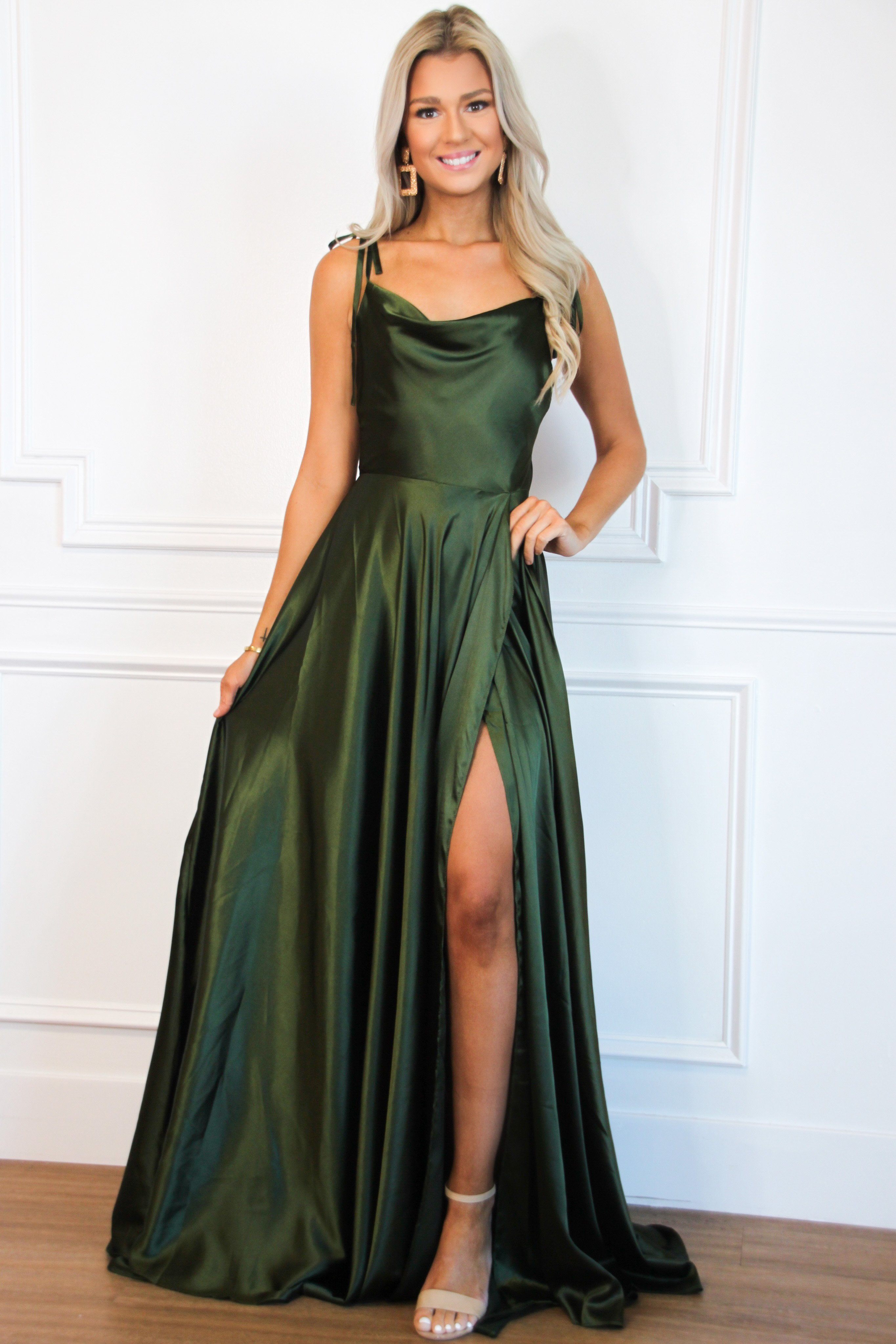 olive formal dress Sexy Prom Dresses V Neck Split With Pockets – Lisposa main image 1