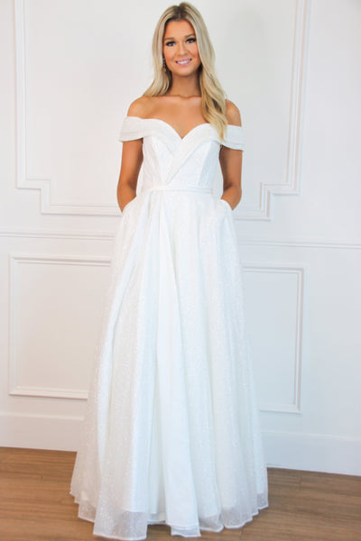A Cinderella Story Off Shoulder Sparkly Wedding Dress: White - Bella and Bloom Boutique