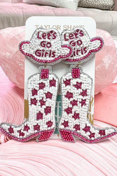 Beaded Cowboy Boot Earrings - TAYLOR SHAYE: Pink/White - Bella and Bloom Boutique