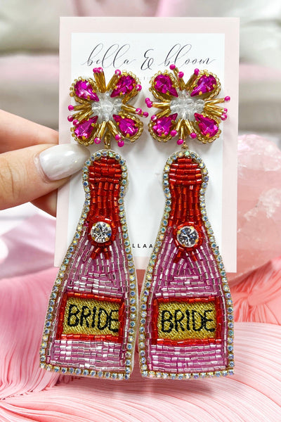 Beaded Bride Champagne Bottle Earrings: Fuchsia/Gold - Bella and Bloom Boutique