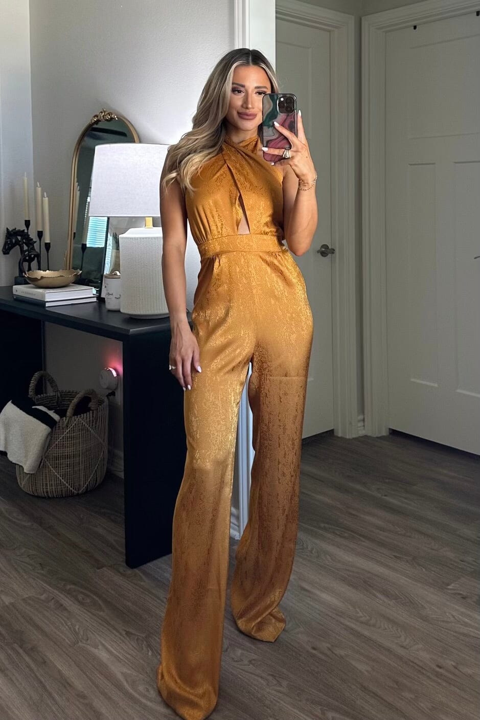 Sadie Printed Satin Halter Neck Jumpsuit: Mustard - Bella and Bloom Boutique