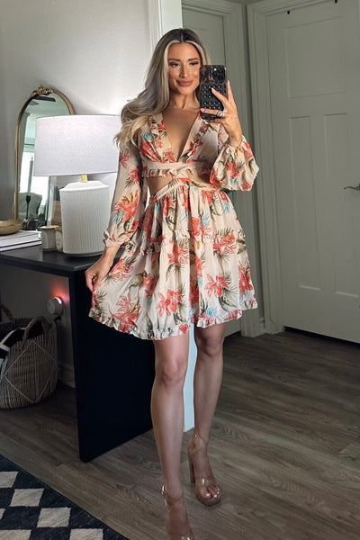 Life's a Breeze Cutout Floral Dress: Cream Multi - Bella and Bloom Boutique