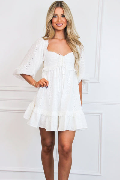 Maddy Eyelet Puff Sleeve Babydoll Dress: White - Bella and Bloom Boutique