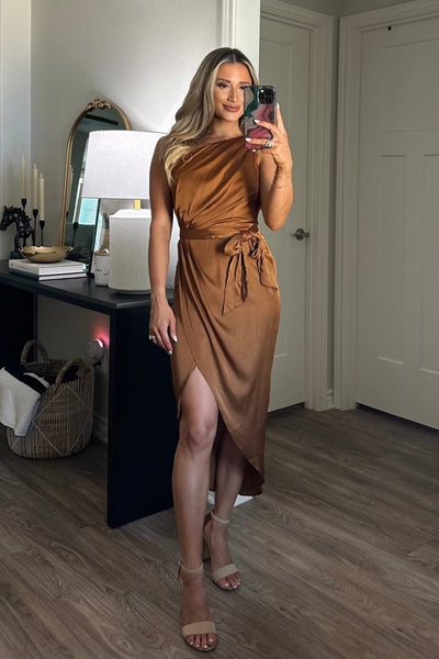 Camilla Satin Midi Dress: Cognac - Bella and Bloom Boutique