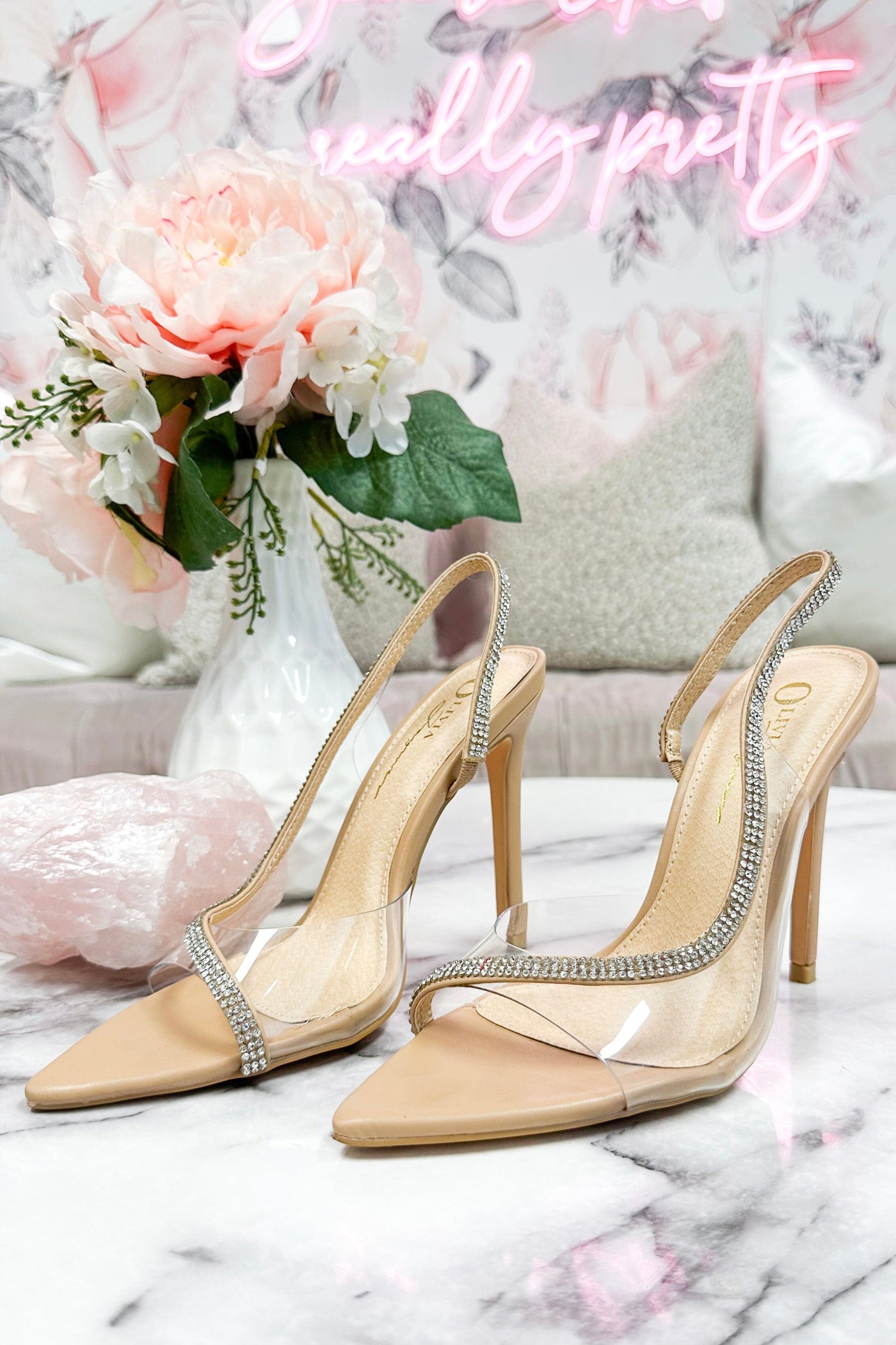 Jolly Embellished Clear Heels: Nude - Bella and Bloom Boutique