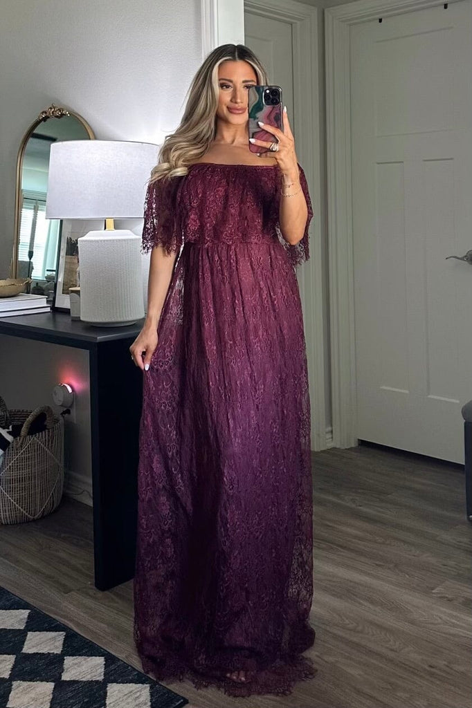 Bella and Bloom Boutique - Enchanted to Meet You Lace Maxi Dress: Burgundy Small / Burgundy Bella and Bloom Boutique - Enchanted to Meet You Lace Maxi Dress: Burgundy Small / Burgundy