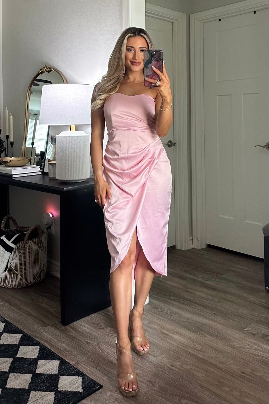 Delia Strapless Satin Dress: Light Pink - Bella and Bloom Boutique