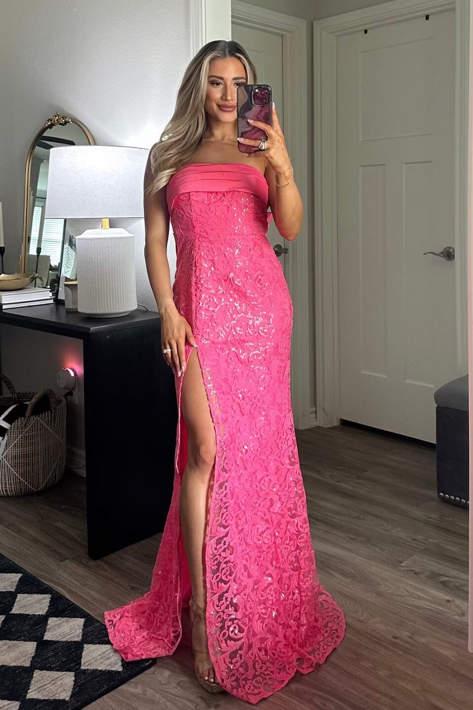 Hello Lover Bow Back Shimmer Lace Maxi Dress: Barbie Pink - Bella and Bloom Boutique