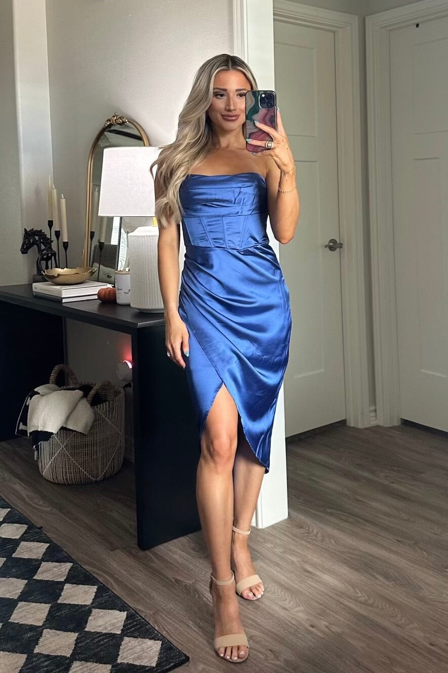 Candace Satin Bustier Midi Dress: Cobalt Blue - Bella and Bloom Boutique