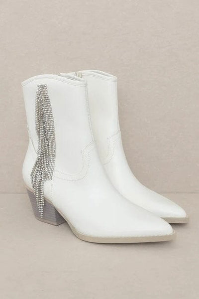 Rowan Embellished Fringe Booties: White - Bella and Bloom Boutique