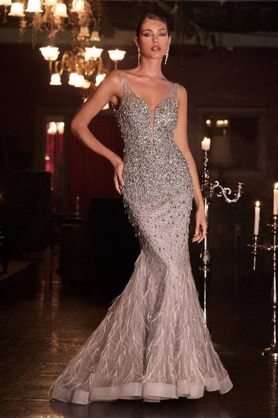 Iris Embellished Feather Mermaid Formal Dress: Silver/Gunmetal - Bella and Bloom Boutique