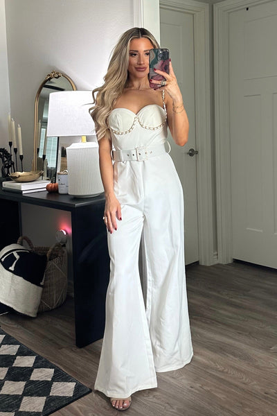 Devyn Chain Bustier Belted Jumpsuit: White - Bella and Bloom Boutique