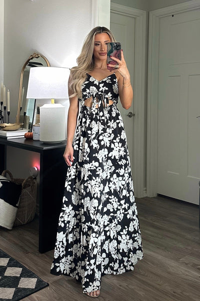 Breezy Come, Breezy Go Floral Cutout Maxi Dress: Black/White - Bella and Bloom Boutique