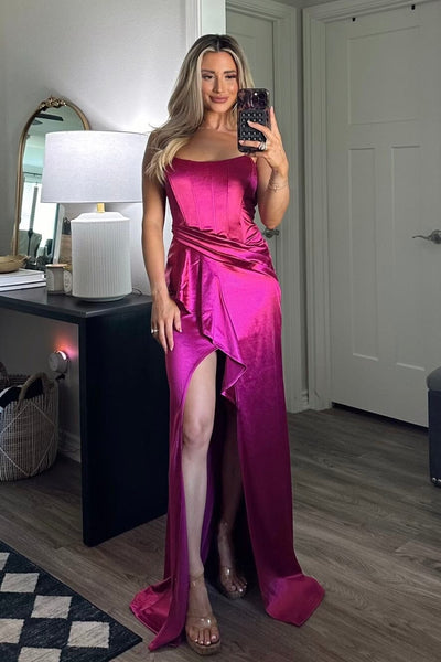 Lover Satin Ruffle Maxi Dress: Magenta - Bella and Bloom Boutique