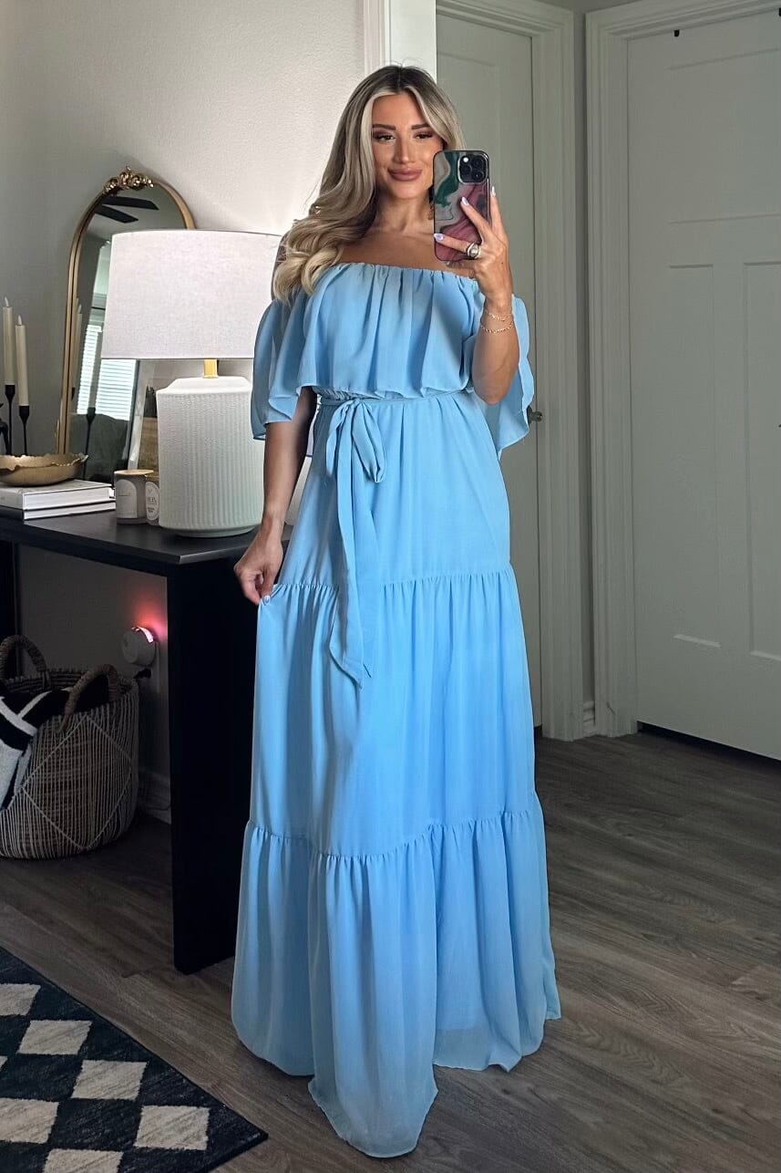 Chesney Off Shoulder Maxi Dress: Blue - Bella and Bloom Boutique