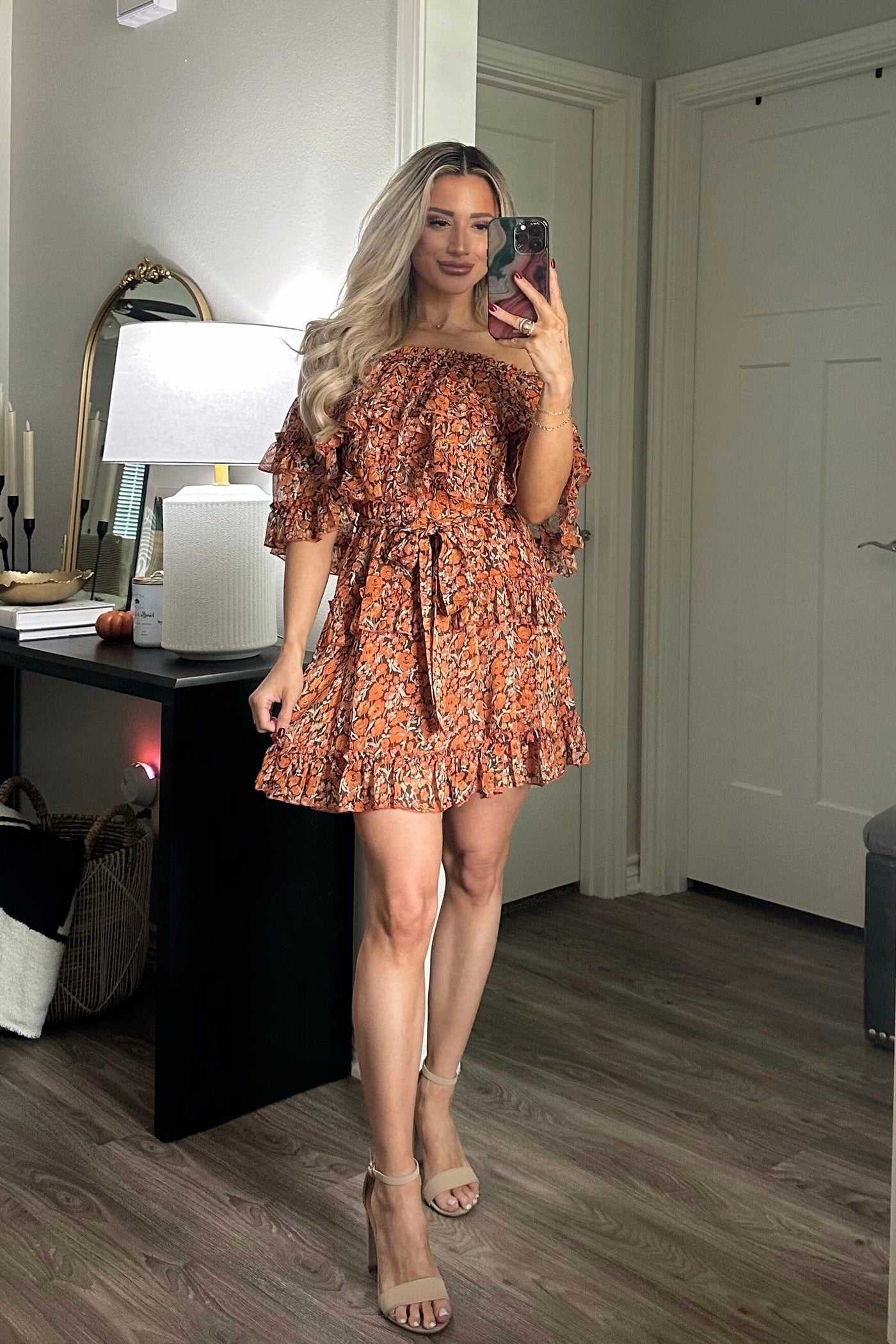 Fall Sweetness Off Shoulder Floral Dress: Orange Multi - Bella and Bloom Boutique