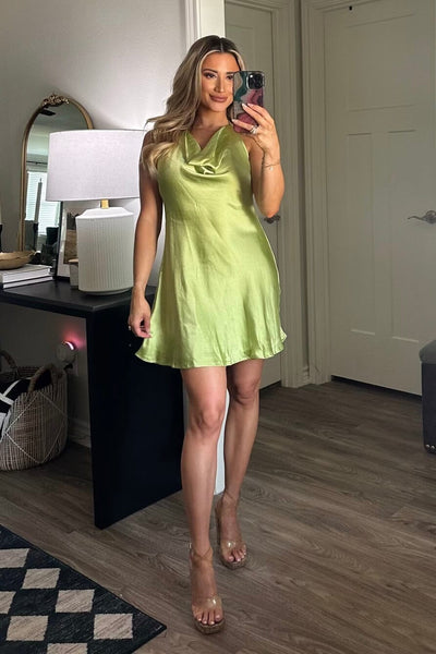 Share My Heart Satin Cowl Neck Halter Dress: Lime - Bella and Bloom Boutique