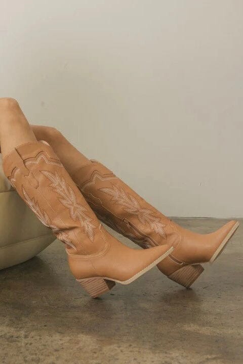 Ainsley Embroidered Knee High Cowboy Boots: Camel - Bella and Bloom Boutique