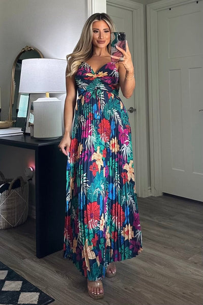 Tropicana Sunsets Pleated Maxi Dress: Navy Multi - Bella and Bloom Boutique