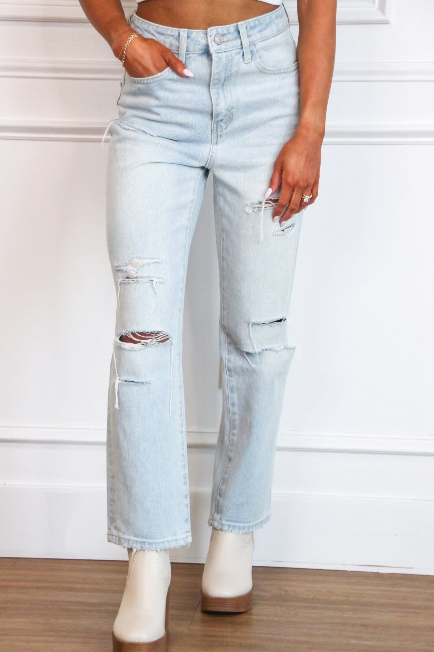 Dalton Distressed High Rise Straight Denim: Light Wash - Bella and Bloom Boutique