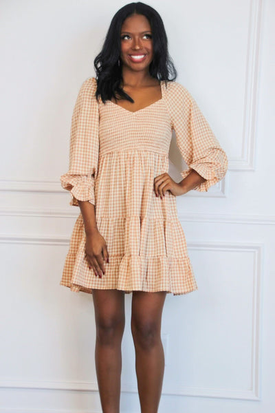 Zinnia Gingham Smocked Babydoll Dress: Apricot - Bella and Bloom Boutique