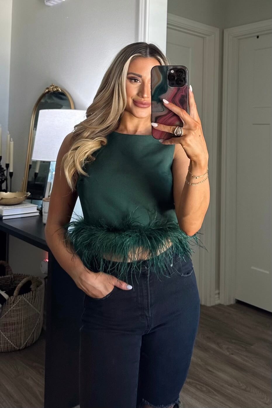 Chic Fun Feather Crop Top: Emerald - Bella and Bloom Boutique